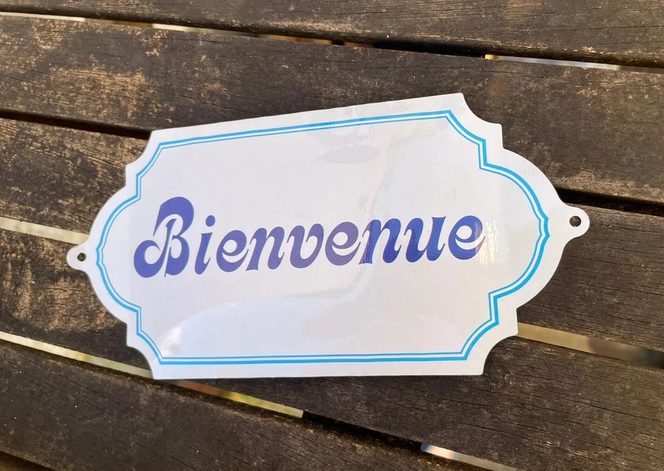 "Placa marcadora de puerta de bienvenida de 6"" de metal francés Bienvenue pared esmalte tienda tienda tienda" Foto 2 de 4