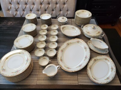 VINTAGE FINE ROSE CHINA Made In Occupied Japan GOLD TRIM FLORAL 90 Pcs SERVES 12