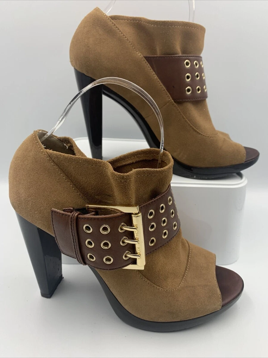 MICHAEL KORS Tan Suede Leather Ankle Boots. Peep toe. Buckle. VGC. UK Size 5.5