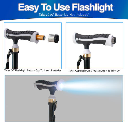 Walking Stick Cane LED Light Quad Pivoting Base Adjustable Folding Mobility Aid - Picture 5 of 8