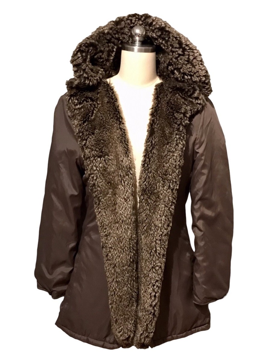 Abercrombie & Fitch Hooded Parka Jacket Faux Fur Lined Brown Open