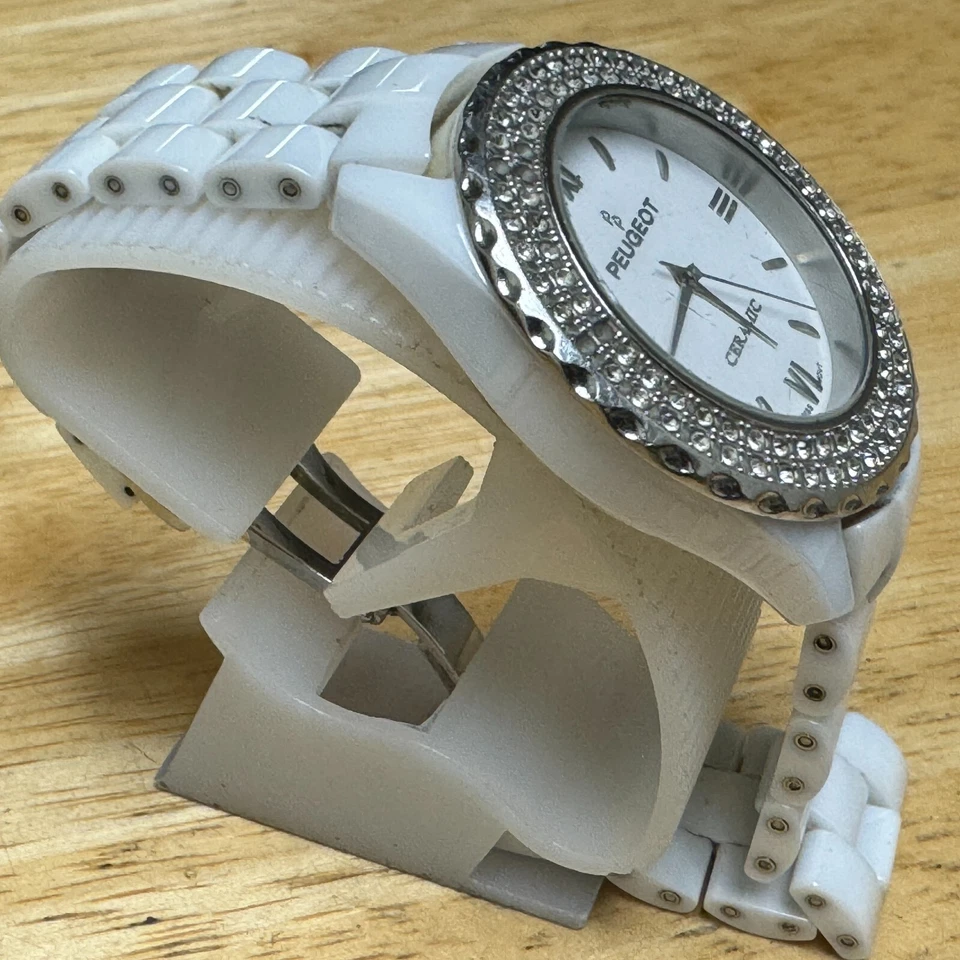 Peugeot Reloj Suizo Cuarzo Dama Blanco Cerámica Imitación Diamante Analógico Batería Nueva 6" Foto 3 de 4