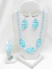 NEW-AQUA/WHITE NECKLACE, BRACELET EARRINGS 4 PC JEWELRY SET-A BEAUTY