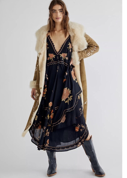 Free People Audrey Embroidered Ruffles Tie Asymmetrical Maxi Dress L | eBay