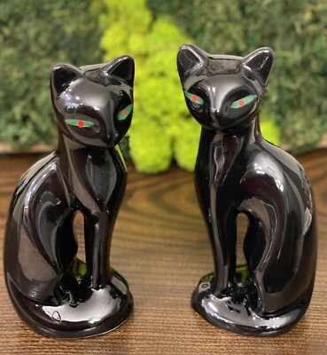 Vintage 1960 s Sleek Black Cat Duo-2 Ceramic Feline Figures W/ Impressed Stamps