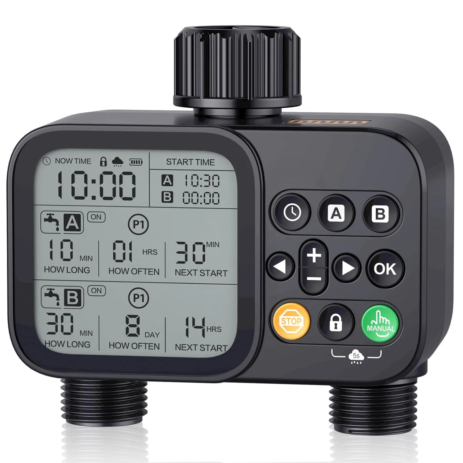 TJJFMM Sprinkler Timer for Garden Hose, 2 Outlet 8 Programmable, WT08- BLACK