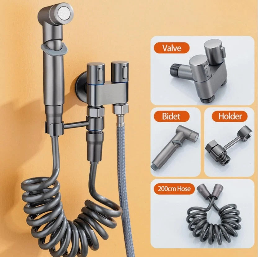 1 en 2 salidas doble válvula de control grifo de inodoro de mano rociador ducha bidé spray Foto 3 de 4