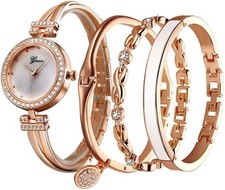 Set de regalo de reloj de mujer con pulsera de oro rosa sencillo y fino US NUEVO