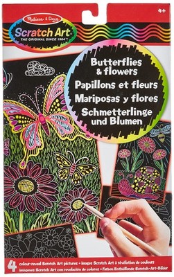 Melissa & Doug Scratch Art Schmetterlinge & Blumen 4 Teile mit Holzgriffel NEU