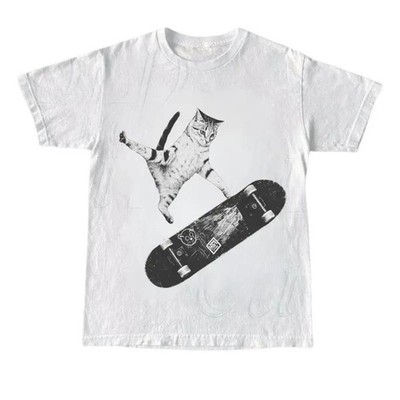 Vintage Style Emo Skater Cat Graphic T-shirt,Cute Cat T-shirt