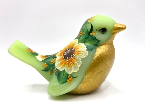Fenton Vicki Curren OOAK Green and Gold Floral Songbird 2009 *She's a Glower!*