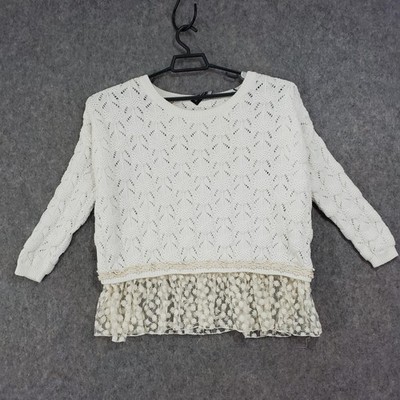 Basically Me Sweater Women Medium White Knit Lace Ruffle Hem Pullover USA Casual