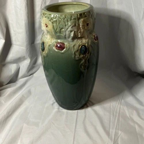 Weller Art Nouveau Ceramic Vase Green Face Motif Glossy Pottery Jewel Accents
