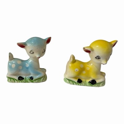 vintage deer figurines doe Blue Yellow Set Eyelashes Vintage Kitchy Cute