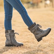US Girls Fashion Riding Boot Faux Leather Side Zipper Combat Boots Ankle Boots