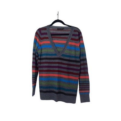The Limited Striped Merino Wool Acrylic V Neck Sweater Women Size Large Rainbow