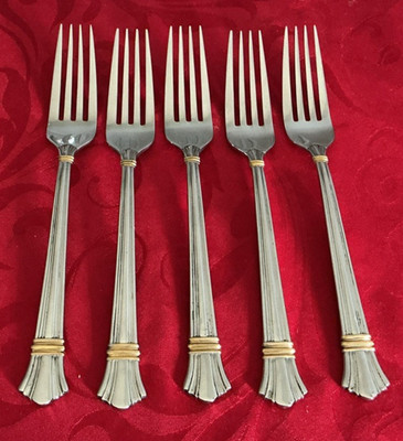 Lunt 18/8 stainless Golden Legacy lot of 5 dinner forks 7 3/4'' NM polished