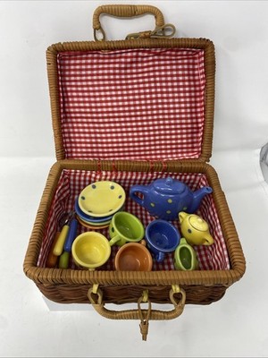 VTG Kids Polka Dot PLAY TEA SET WITH GINGHAM-LINED WICKER PICNIC BASKET