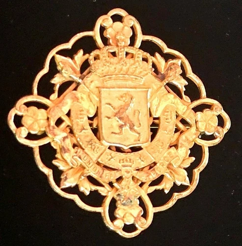 Miriam Haskell Gold-Tone Vintage Brooch With Intricate Floral & Lion Crest Desig