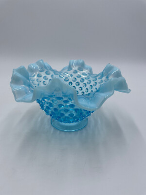 6'' Vintage Fenton Blue Hobnail Ruffled Opalescent Rose Bowl Vase Dish