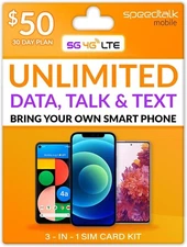Speedtalk Smart Phone SIM Card Kit Unlimited Data Talk Text 5G 4G LTE Plan 1 mo.