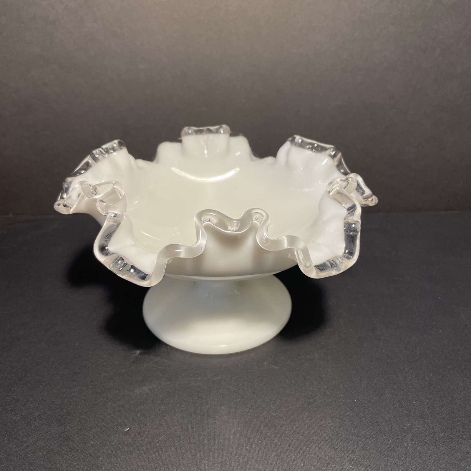 Vintage Fenton Silver Crest Ruffled Milk Glass Pedestal Bowl 7 Inch