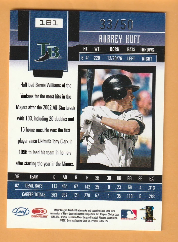 Aubrey Huff Tampa Bay Rays 2003 Leaf Certified Materials Blue #181 /50 11Y - Image 2 of 2