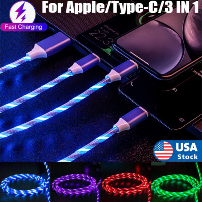 3PCS 3in1 LED Light Up Fast Charging Charger Cable USB For iPhone Android Type C