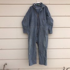 Vtg KEY Coveralls Blue Herringbone Railroad Mechanic Striped 48 Short Distressed