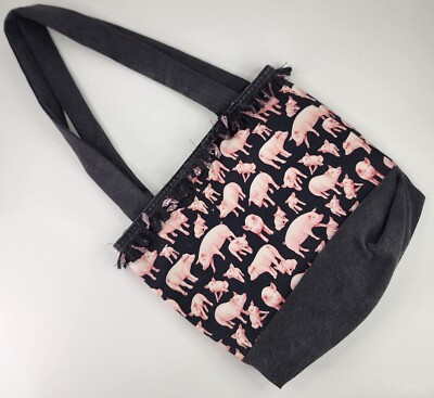 Womens Purse Black Denim Pink Pig Fringed Hand Made Grandma Core Shoulder Bag