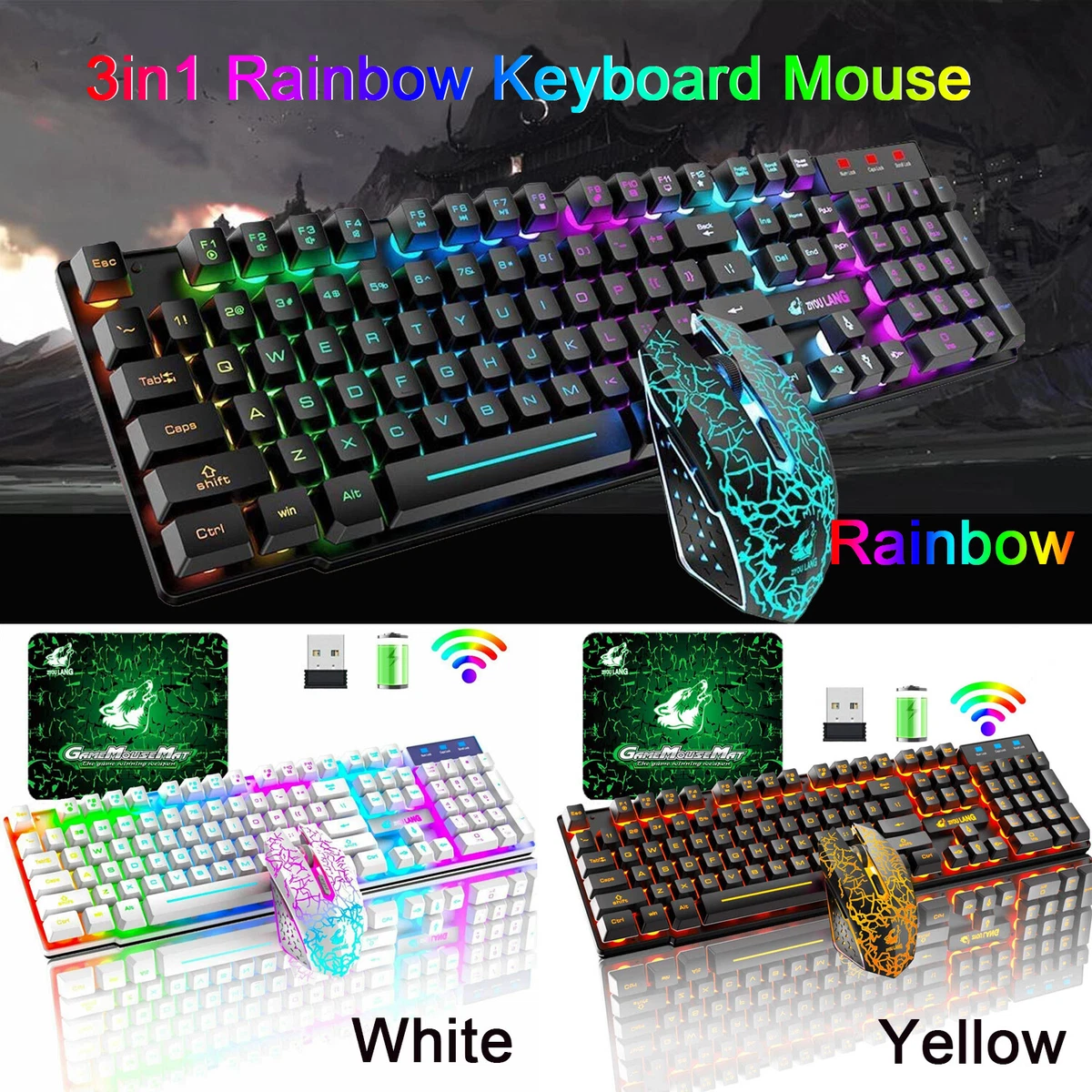 Wireless Keyboard and Mouse RGB LED Backlit Rechargeable for PS4 PC Xbox  Gamers