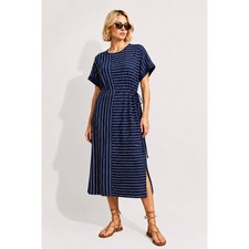 $150 CAARA Anthropologie Striped Faux Wrap Midi Dress Blue White NWT Sz S