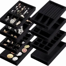 Jewelry Drawer Organizer for Women with 8 Stackable Velvet Trays Black