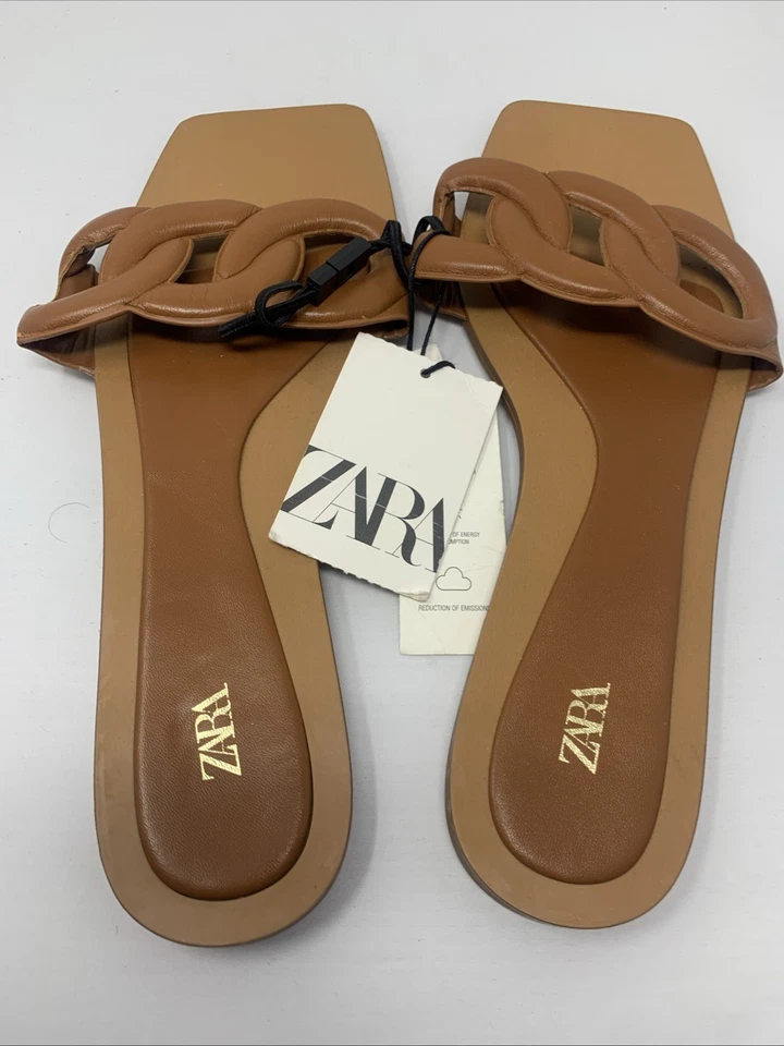 Sandalias Zara Mujer 8 Marrón Cuero Cadena Correa Plana Acolchada Puntera Cuadrada Deslizable Nuevas con Etiquetas Foto 2 de 4