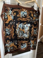 Oversized Vintage Baroque Floral Scarf - Bold Blue, Gold  Chocolate Brown