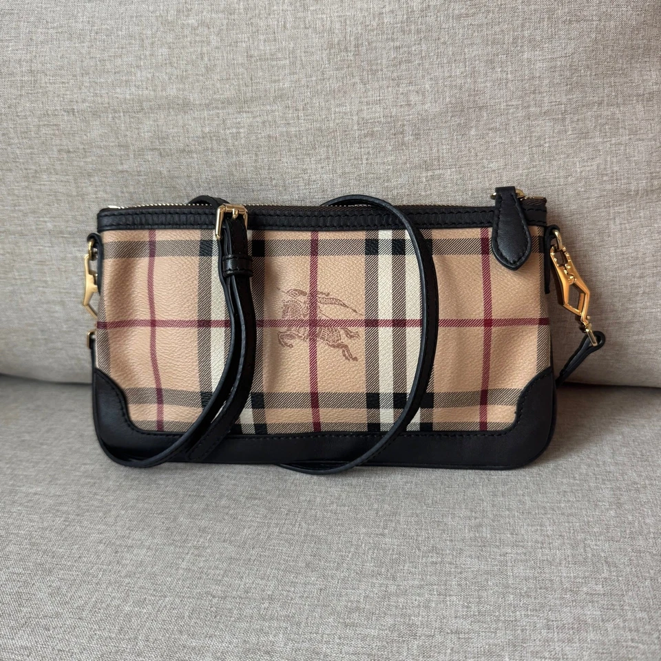 Burberry Haymarket Check Brown Leather Small Peyton Crossbody Clutch Bag Nova - Image 2 of 4