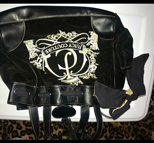 Juicy Couture Black Large Tote Logo Embroidered Bow Drawstring Lined + Scarf