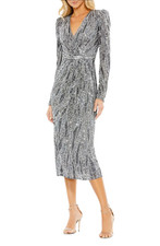 MAC DUGGAL Long Sleeve V Neck Beaded Sequin Midi Dress Size 8 Charcoal 5574 NWT