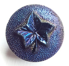 Antique Black Glass Ivy Leaf Picture Button w/ Indigo Blue Aurora Luster