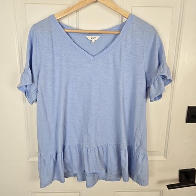 Crown & Ivy Blue Top Peplum Ruffle Vneck Womens Large Coastal Preppy Casual