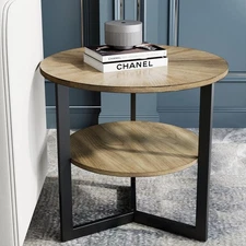 Round Side Table, Large 2-Tier End Table Nightstand with Metal Legs, Modern B...
