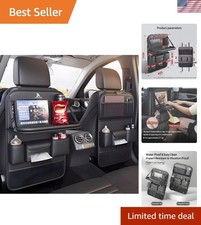 2 Pack Leather Foldable Car Backseat Organizer with Table Tray - Black