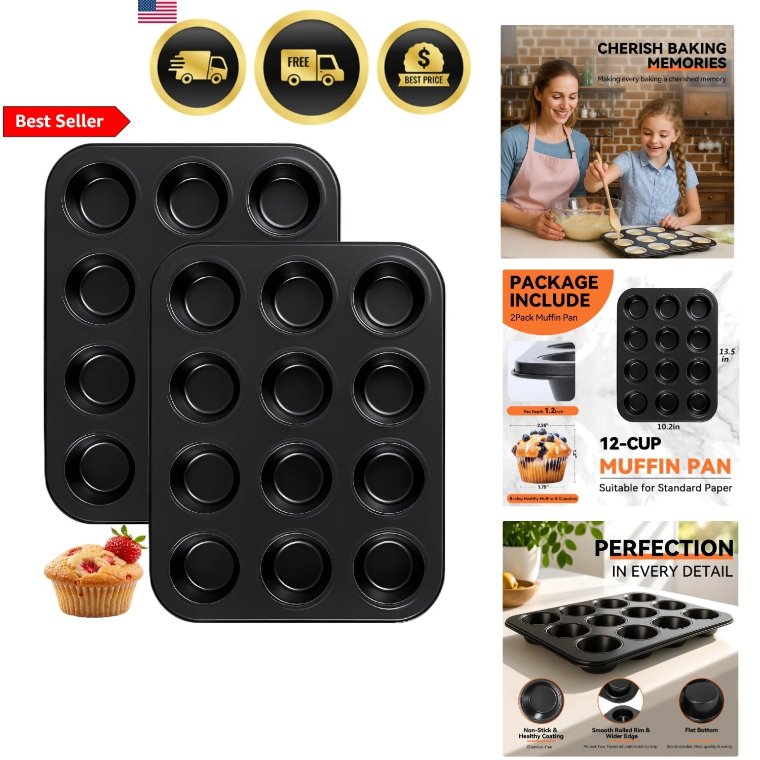 2 Pack Muffin Pan for Baking, Nonstick Cupcake Pan Set, Standard 12-Cups Muff...