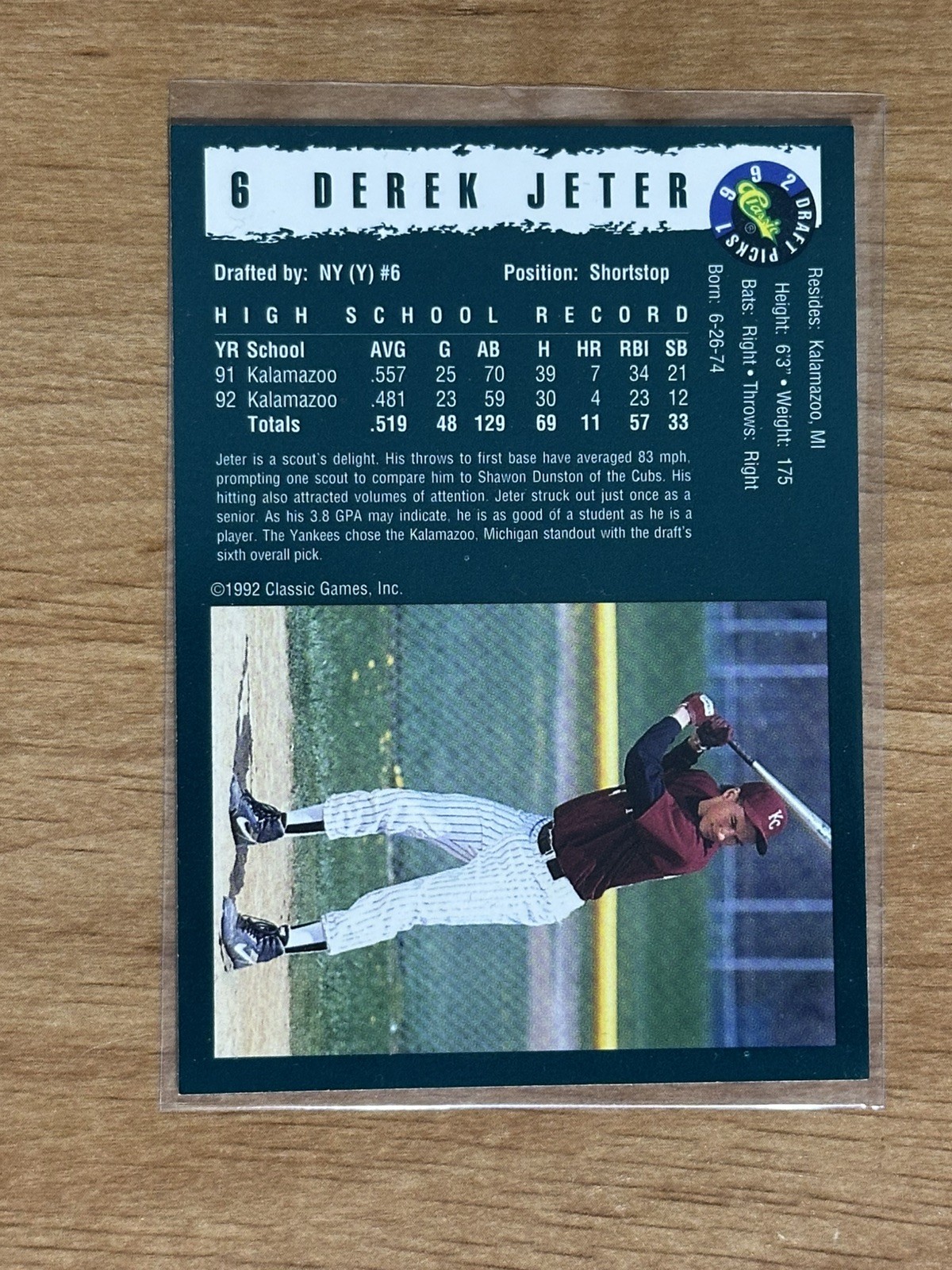 1992 Classic Draft Picks Derek Jeter #231 Rookie RC New York Yankees HOF view 2