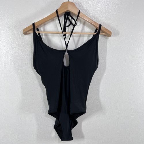 Aerie Real Good Black One Piece Swimsuit L Large Cheeky Cutout Halter UPF 50 - Picture 2 of 6
