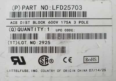 LITTELFUSE LFD25703 ACS Power Distribution Block 600 VAC 175 AMP 3 Pole