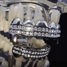 Vampire Fangs Grillz Iced Top Bottom Two Row CZ Teeth Silver Tone Grills Set