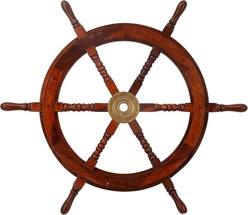 Holz Segelboot Haus Wanddeko Schiff Rad Wandskulptur mit Goldbeschlägen, - Bild 2 von 16