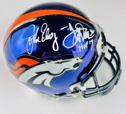 JOHN ELWAY TERRELL DAVIS SIGNED DENVER BRONCOS CHROME MINI HELMET 2000 BAS 972