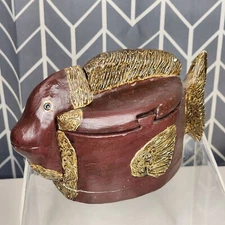 Handmade Puzzle Box Fish Painted Wood Plaster Secret Compartment 4 Pc Crude